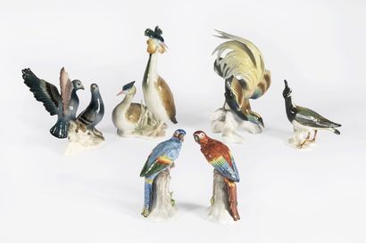 null Ensemble de six groupes en porcelaine figurant des oiseaux (tourterelles, perroquet,...