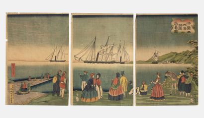 null Japon, Fin XIX ème siècle
Triptyque d'estampes japonaises représentant des Hollandais...