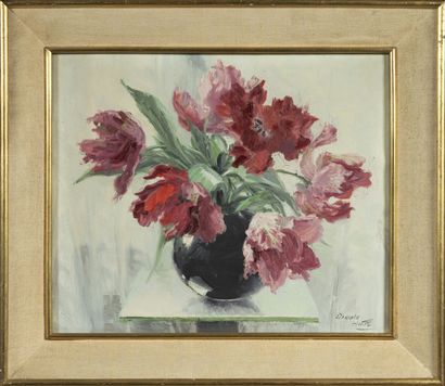 Jane DANIELE-HOFFE Bouquet de tulipes perroquets
Huile sur toile 
Signée en bas à...