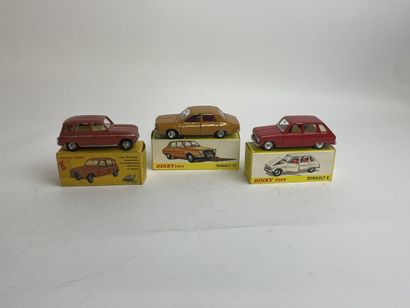 DINKY TOYS FRANCE: Trois voitures Renault ref 1416 Renault 6 BE, with its BE box
ref...