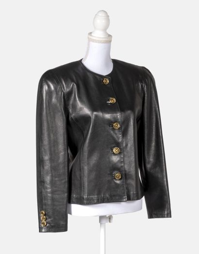 AMPHIBOLES Amphiboles, 271 rue Saint Honoré Paris- Black leather skirt suit, golden...