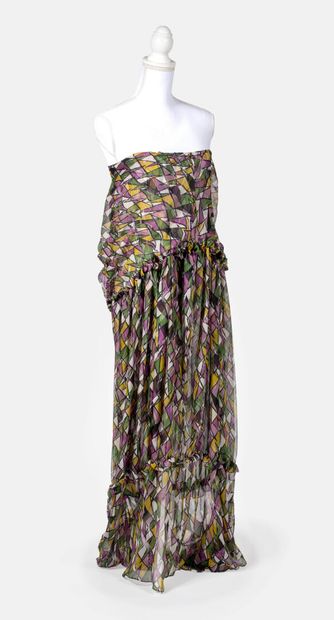 Yves SAINT LAURENT Rive Gauche Strapless silk dress with green, pink and yellow pattern

Width...