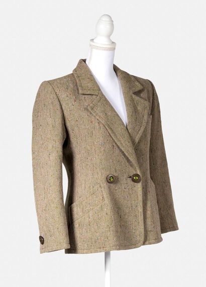 YVES SAINT LAURENT- VARIATION Wool blend jacket with green-pink background, wooden...