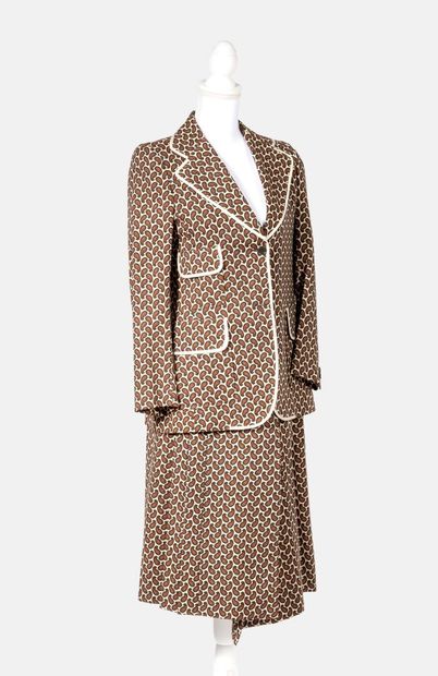 Ted LAPIDUS Wool and cotton skirt suit with orange and brown paisley on a cream background,...