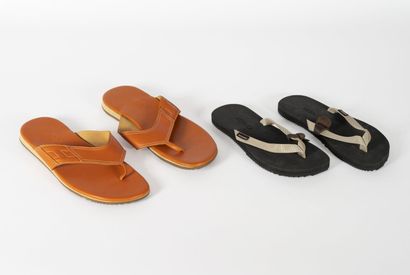 HERMES Two pair of flip flops, one pair in orange leather size 45 and one pair in...