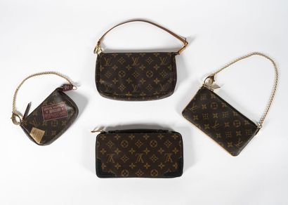 LOUIS VUITTON Three mini clutches

signed, including one printed with antique advertisements,...