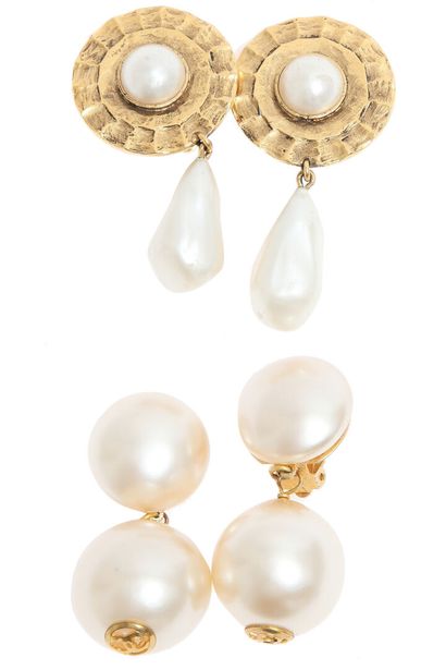 CHANEL Two pairs of earrings, 1980s-90s,

signed, the first with singular 'pearl'...