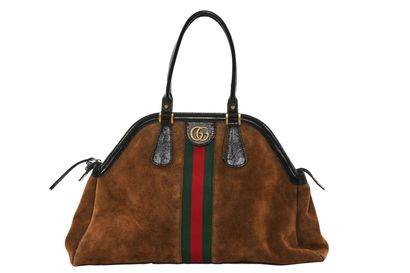 GUCCI ReBelle" bag, modern, 



stamped, in brown suede,with signature stripe and...