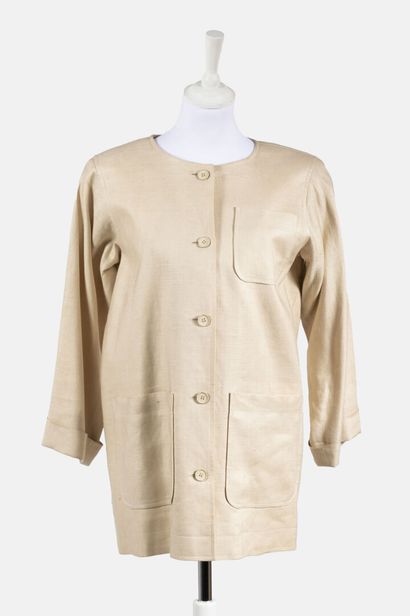 SAINT LAURENT Rive Gauche 3/4 length beige linen coat with three patch pockets
Size...