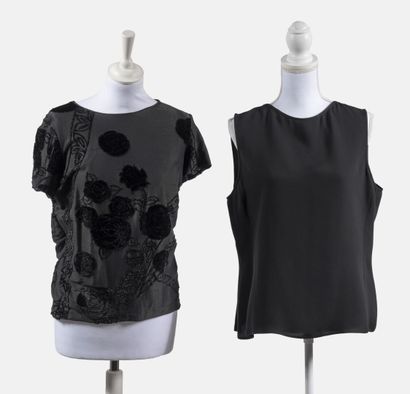 GIORGIO ARMANI Lot including:
- Two black silk tops (one size 46 and the other size...