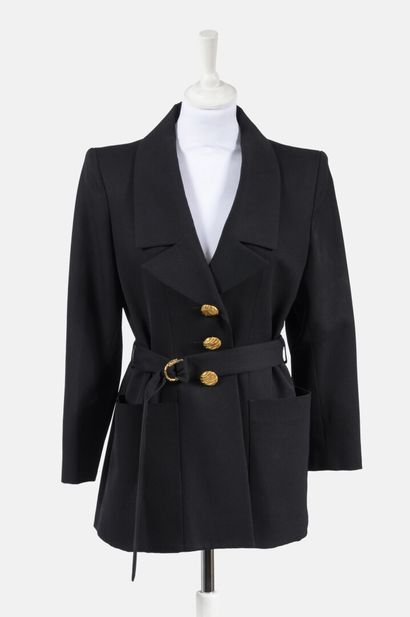 YVES SAINT LAURENT Rive Gauche 3/4 length jacket in black wool, big gold metal buttons,...
