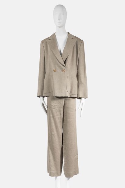 GIORGIO ARMANI Beige linen and silk double-breasted jacket and linen and silk elastic...