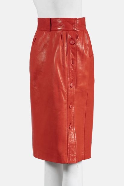 SAINT LAURENT Rive Gauche Orange red leather straight skirt with buttons in the back
Size...