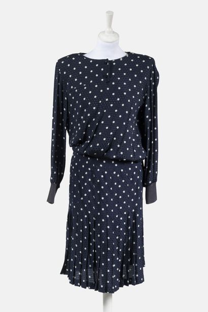 VALENTINO Boutique Set including a long sleeve blouse in navy blue silk with white...