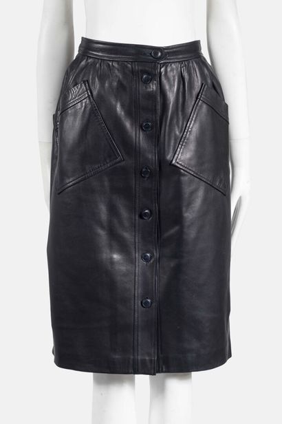 SAINT LAURENT Rive Gauche Mid-length skirt in navy blue leather with buttons and...
