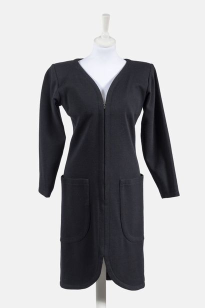 SAINT LAURENT Rive Gauche Black wool dress, plunging collar with a zip, two patch...