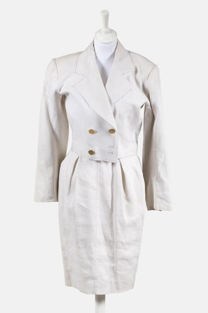 SAINT LAURENT Rive Gauche Cream linen jacket and dress suit, double breasted jacket,...