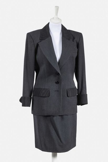 SAINT LAURENT Rive Gauche Grey mottled skirt suit with black grosgrain inserts
Size...