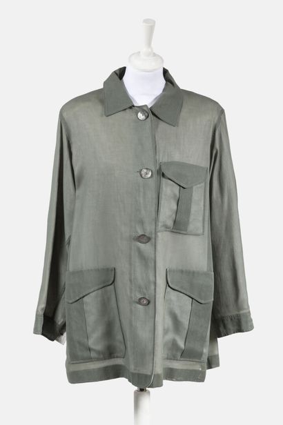 JIL SANDER Long summer jacket in cotton voile, khaki exterior, white interior, with...