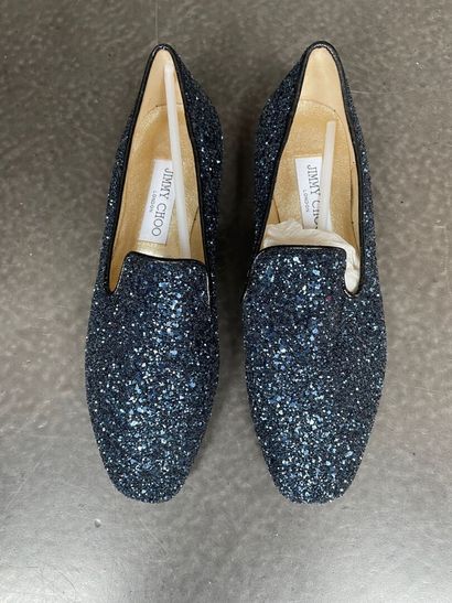 JIMMY CHOO Pair of blue glitter sleepers with matching evening bag, 15 cm long, by...