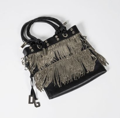 DOLCE GABBANA Petit sac du soir à anses 21 cm, en cuir noir et chainettes en métal...