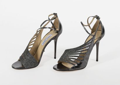 JIMMY CHOO Pair of open pumps, asymmetrical effect and leather and silver fabric...