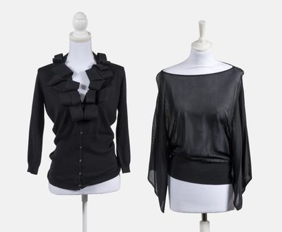 CELINE - Black cashmere and silk cardigan, collar with mesh ruffles, Size M, Very...