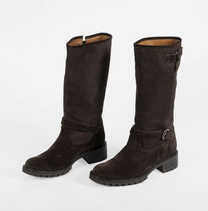 FENDI Pair of brown suede biker boots partially monogrammed, with buckle
Size 40

Very...