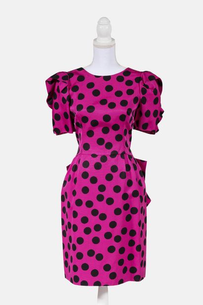 PIERRE BALMAIN BOUTIQUE Pink ottoman dress with black polka dots, round neckline,...