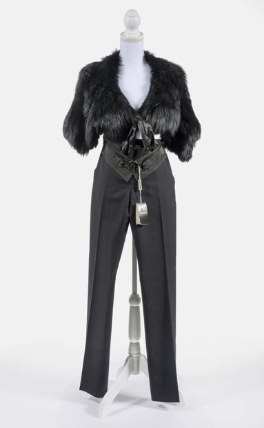 ARMANI - Emporio Armani, Black virgin wool straight pants, belted on the front, size...