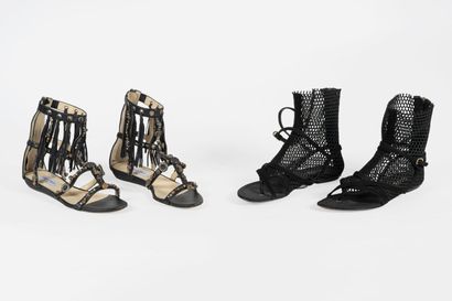 DOLCE & GABBANA ET JIMMY CHOO - Pair of black leather sandals with bangs, beads and...