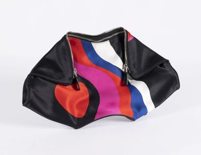 ALEXANDER MCQUEEN Satin and black leather clutch bag with abstract colored pattern...