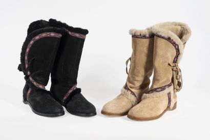 JIMMY CHOO Two pairs of boots in beige and black suede, with trimmings and synthetic...