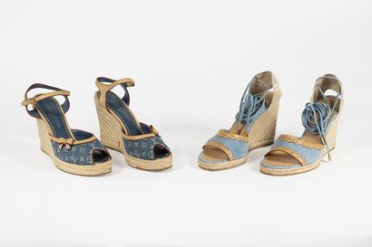 LOUIS VUITTON Two pairs of rope wedge sandals: 
- One in monogrammed denim and natural...