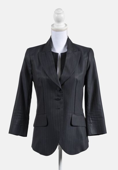 CELINE Fitted wool and mohair suit jacket with fine stripes in gray/blue tones, patch...