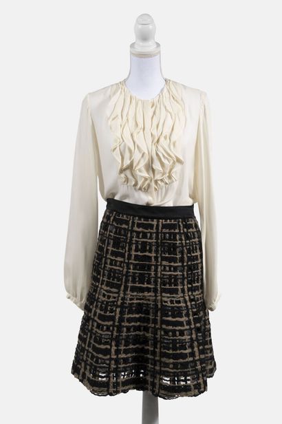 ETRO - Trapeze skirt in wool tweed in shades of gray, beige and chocolate, belt in...