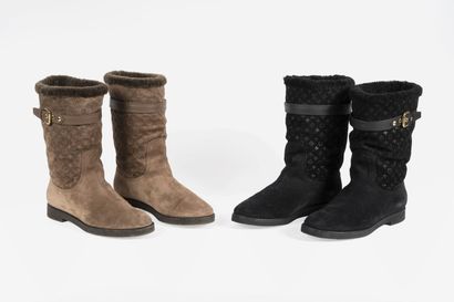 LOUIS VUITTON Two pairs of brown and black suede boots with monogrammed patterns,...