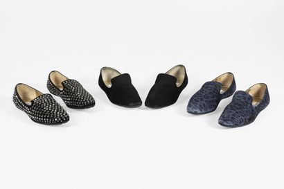 JIMMY CHOO Three pairs of sleepers, one in black suede, one with leopard print, one...