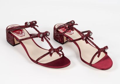 RENE COAVILLA Red suede and rhinestone sandals with three straps each adorned with...