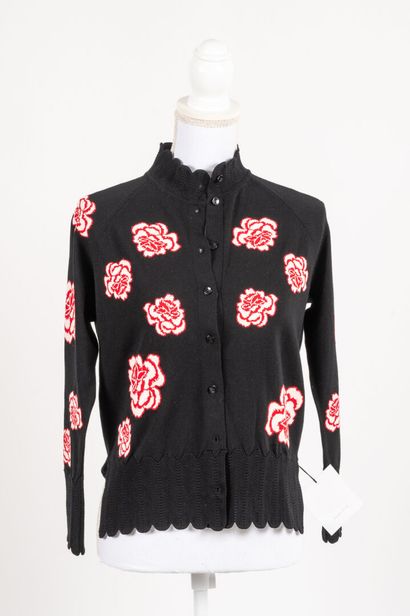 SIMONE ROCHA Black knit cardigan with red and white rose motif, knit partially added...