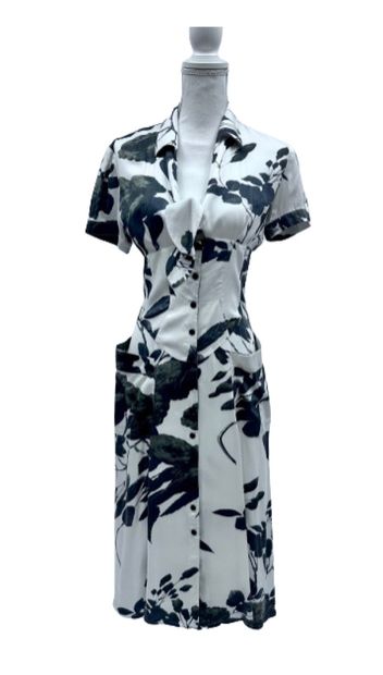 MUGLER White rayon shawl collar day dress with black floral motif, single breasted,...