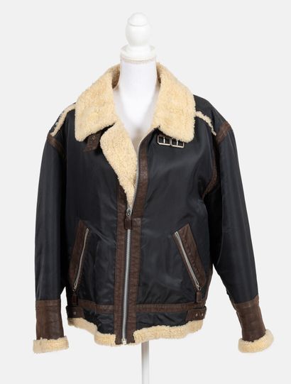 Jean-Charles de CASTELBAJAC Aviator jacket in wool, black nylon and chocolate leather...