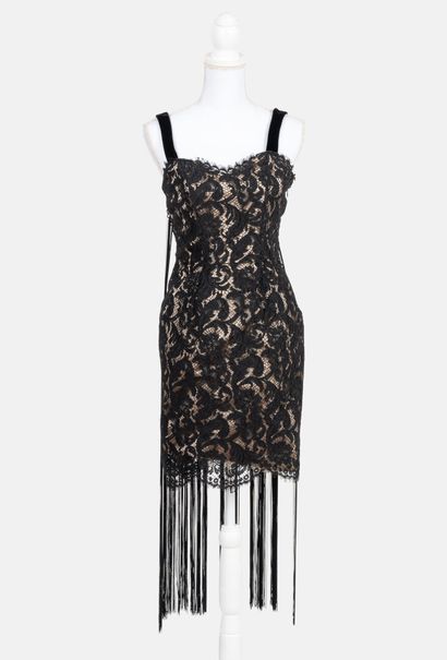 CHRISTIAN LACROIX Black lace dress, openwork back with passementerie and bangs, black...