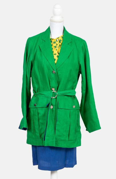 Jean-Charles de CASTELBAJAC Blue and green linen skirt suit, belted jacket with large...