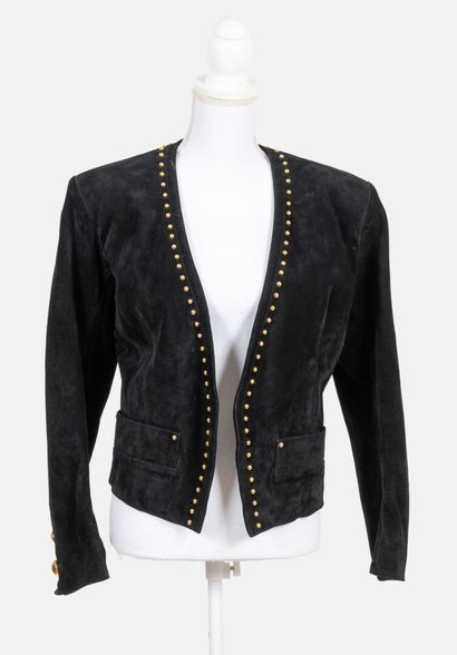 YVES SAINT LAURENT Rive Gauche Jacket in black leather with gold metal studs, large...