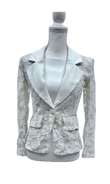 YVES SAINT LAURENT RIVE GAUCHE Jacket in white lace over ecru silk chiffon, faux...