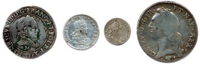 Quatre monnaies royales françaises en argent : Henri III Franc 1581 Toulouse, 
Louis...
