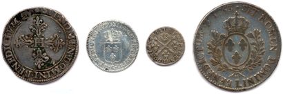 Quatre monnaies royales françaises en argent : Henri III Franc 1581 Toulouse, 
Louis...