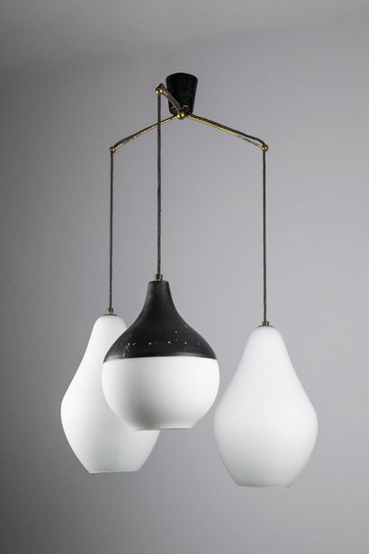STILNOVO STILNOVO

A three-light pendant lamp, 1950s, black lacquered metal, brass,...