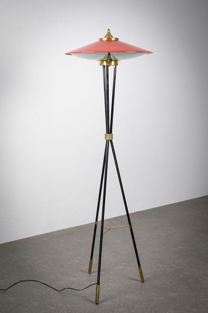 STILNOVO STILNOVO

Floor lamp, 1950s, tripod tubular base in black lacquered metal,...
